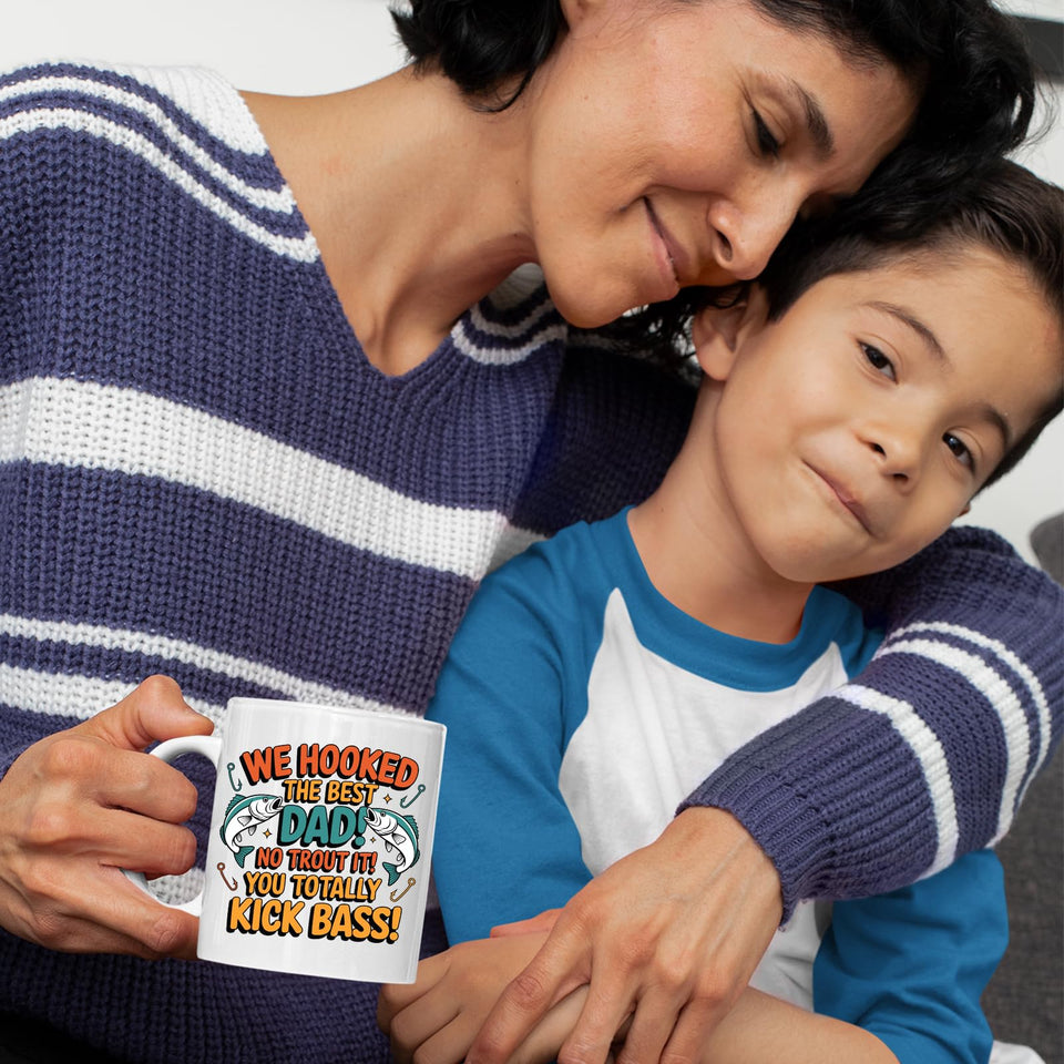 Mum and son with the We Hooked the Best Dad mug