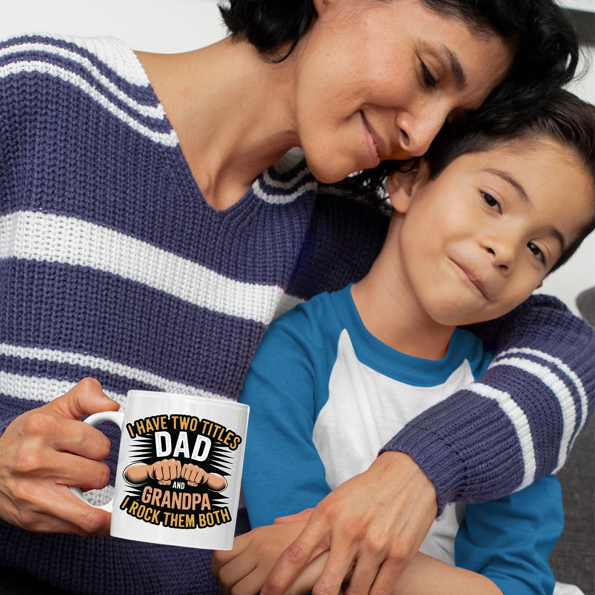 Mum and son with the Two Titles Dad and Grandpa mug