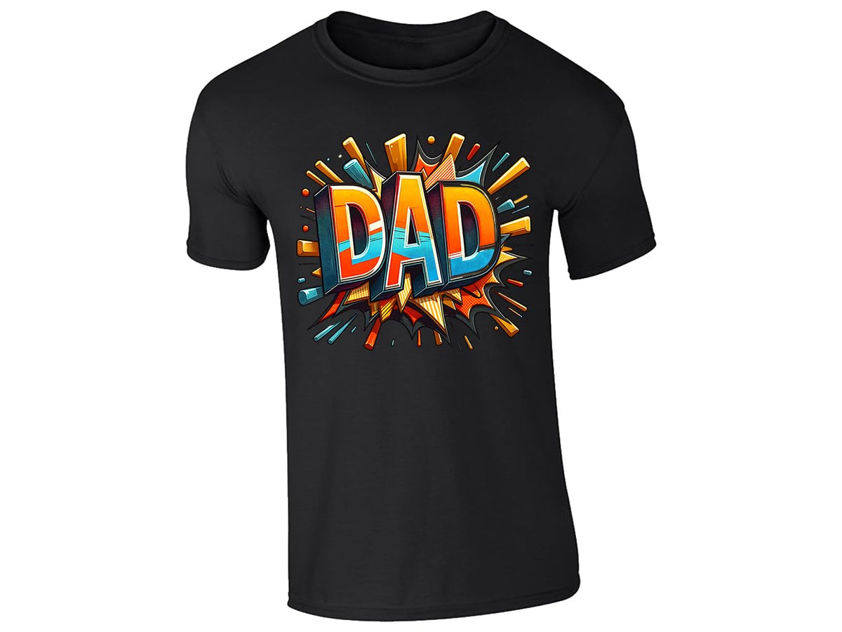 Black men's T-shirt with bold comic-book “DAD” lettering with a colourful explosion