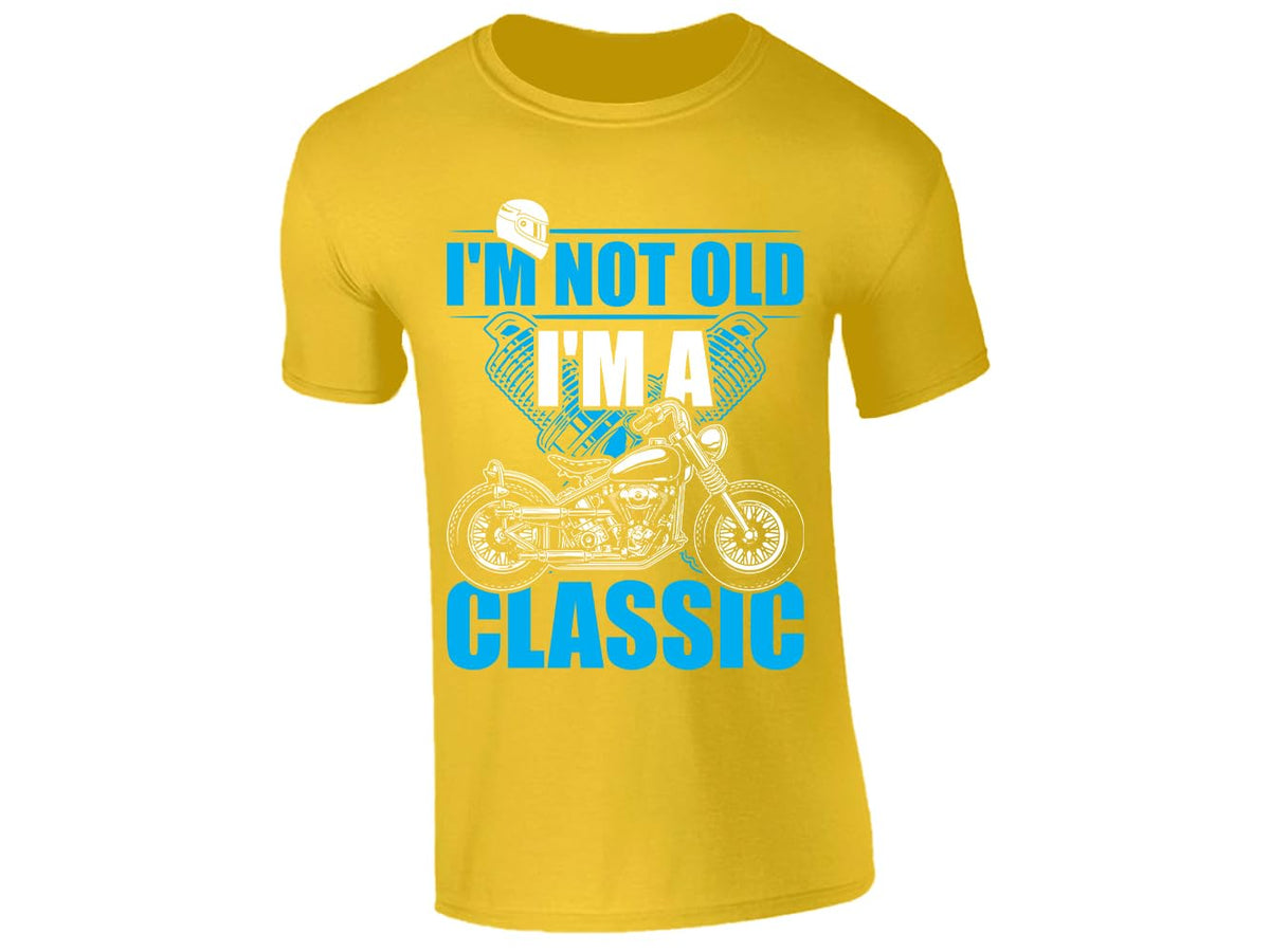 Yellow men's T-shirt with “I'm Not Old, I'm a Classic” with a vintage motorbike