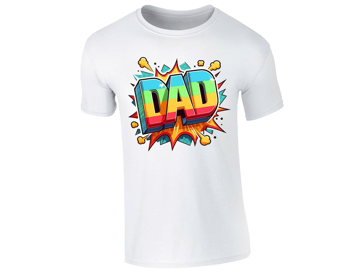 White men's T-shirt with colourful pop-art “DAD” lettering with a starburst