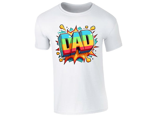 White men's T-shirt with colourful pop-art “DAD” lettering with a starburst
