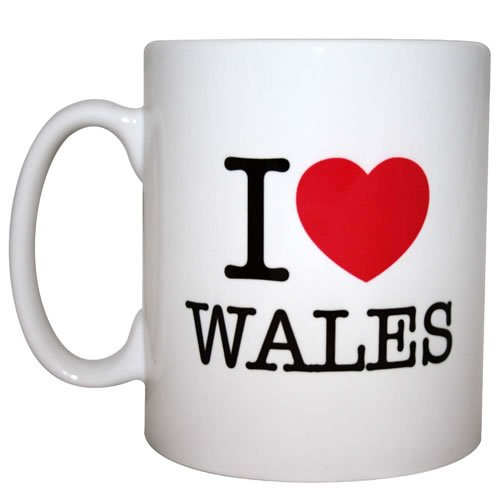 White mug printed I love Wales with a red heart