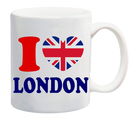 White mug with a red “I”, a Union Jack heart and “London” in navy