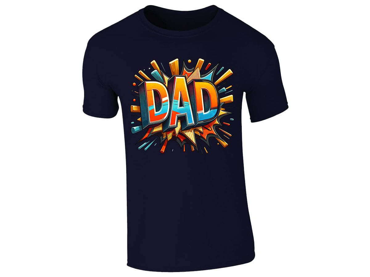 Navy men's T-shirt with bold comic-book “DAD” lettering with a colourful explosion