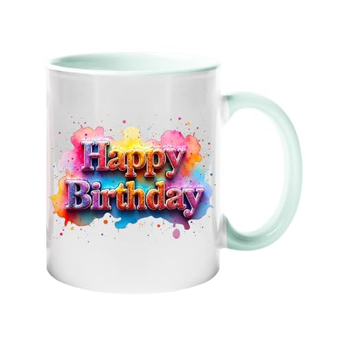 Colour handle mug with pastel graffiti “Happy Birthday” lettering – mint green handle and inside