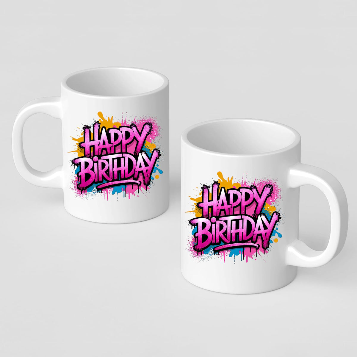 Two Happy Birthday mugs showing the print on both sides