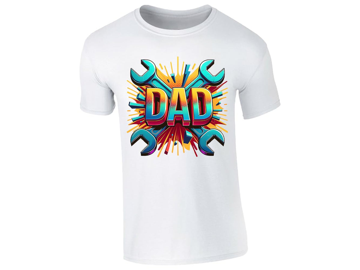 White men's T-shirt with bold “DAD” lettering with crossed spanners and a colourful burst