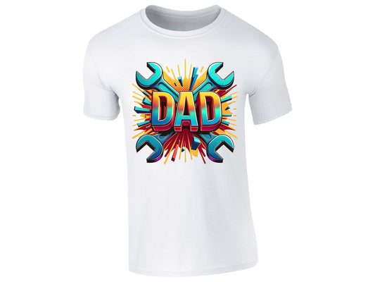 White men's T-shirt with bold “DAD” lettering with crossed spanners and a colourful burst
