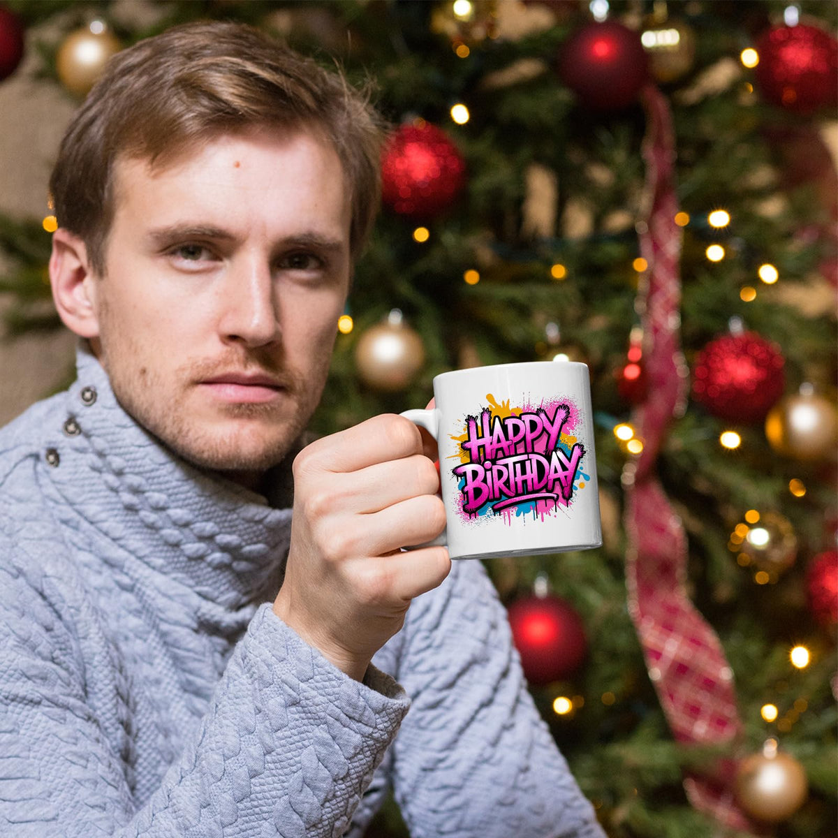 Man holding the Happy Birthday mug by a Christmas tree