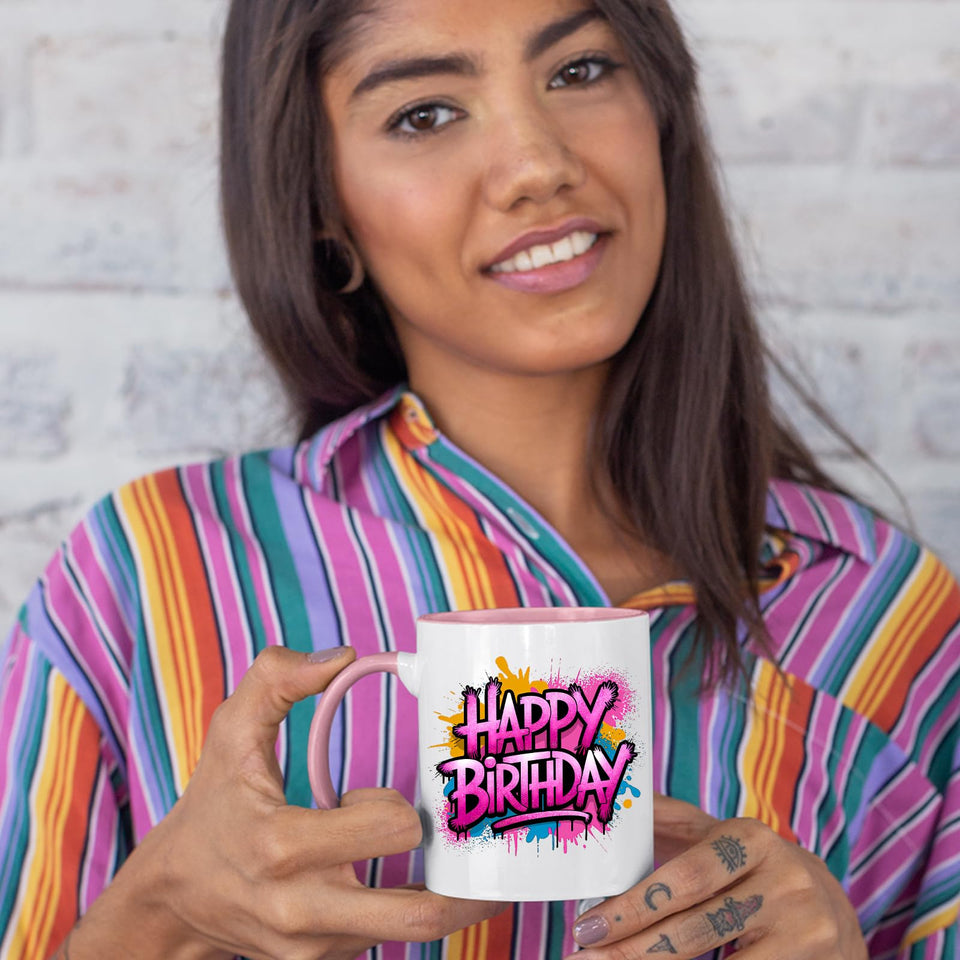 Happy Birthday Colour Handle Mug – Funny Colorful Ceramic Gift for Husband, Wife, Parents, Friends, or Couples
