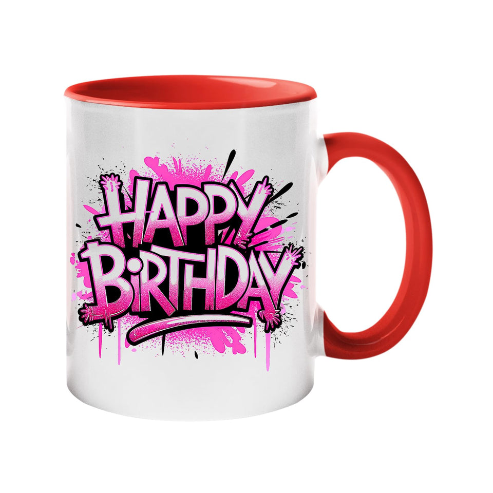 Colour handle mug with hot pink graffiti “Happy Birthday” lettering – red handle and inside
