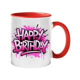 Colour handle mug with hot pink graffiti “Happy Birthday” lettering – red handle and inside