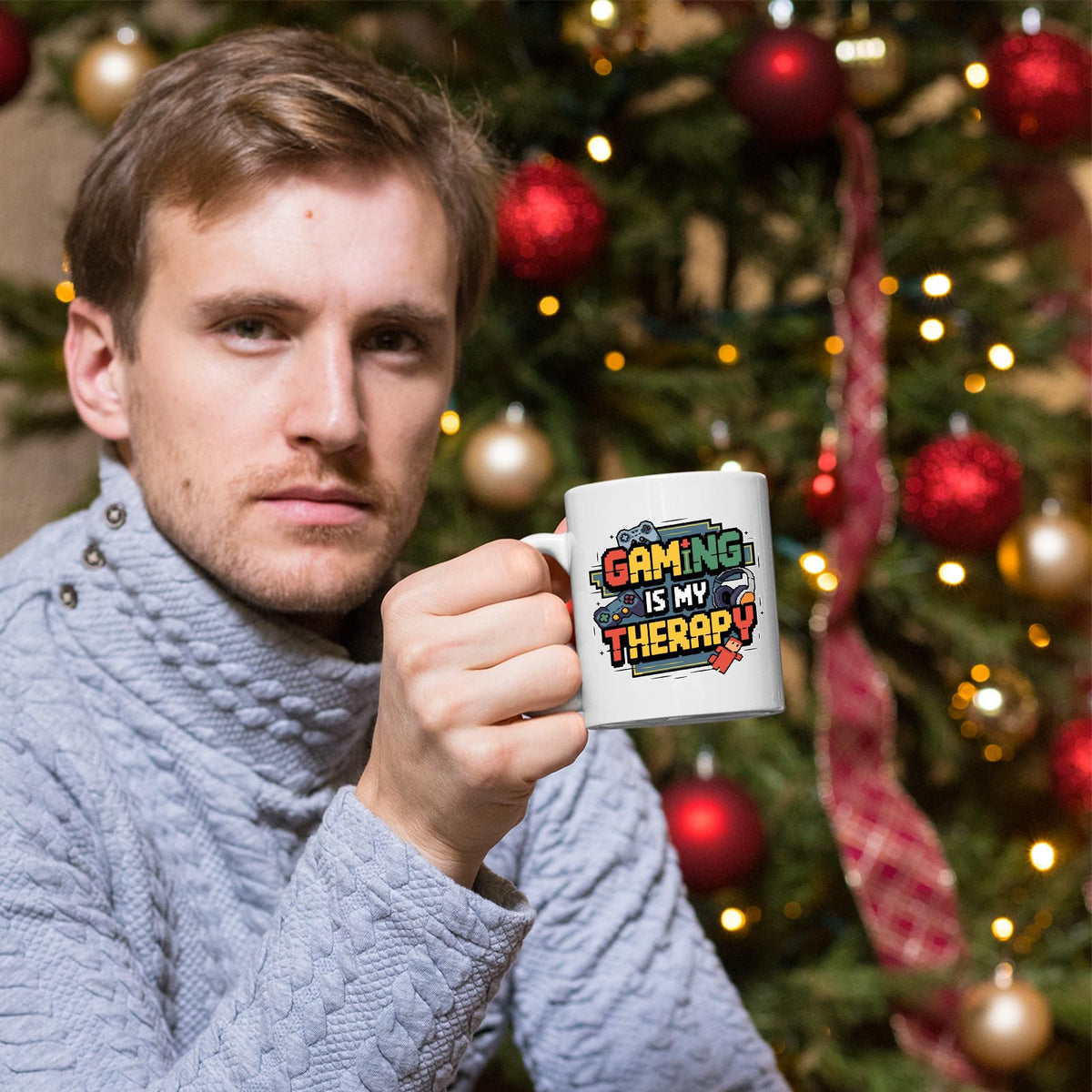 Man holding the Gaming Is My Therapy mug by a Christmas tree