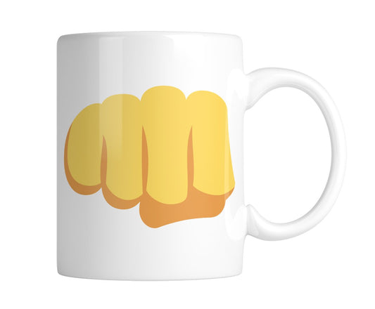 White mug with a big fist-bump emoji in bright yellow, handle on the right