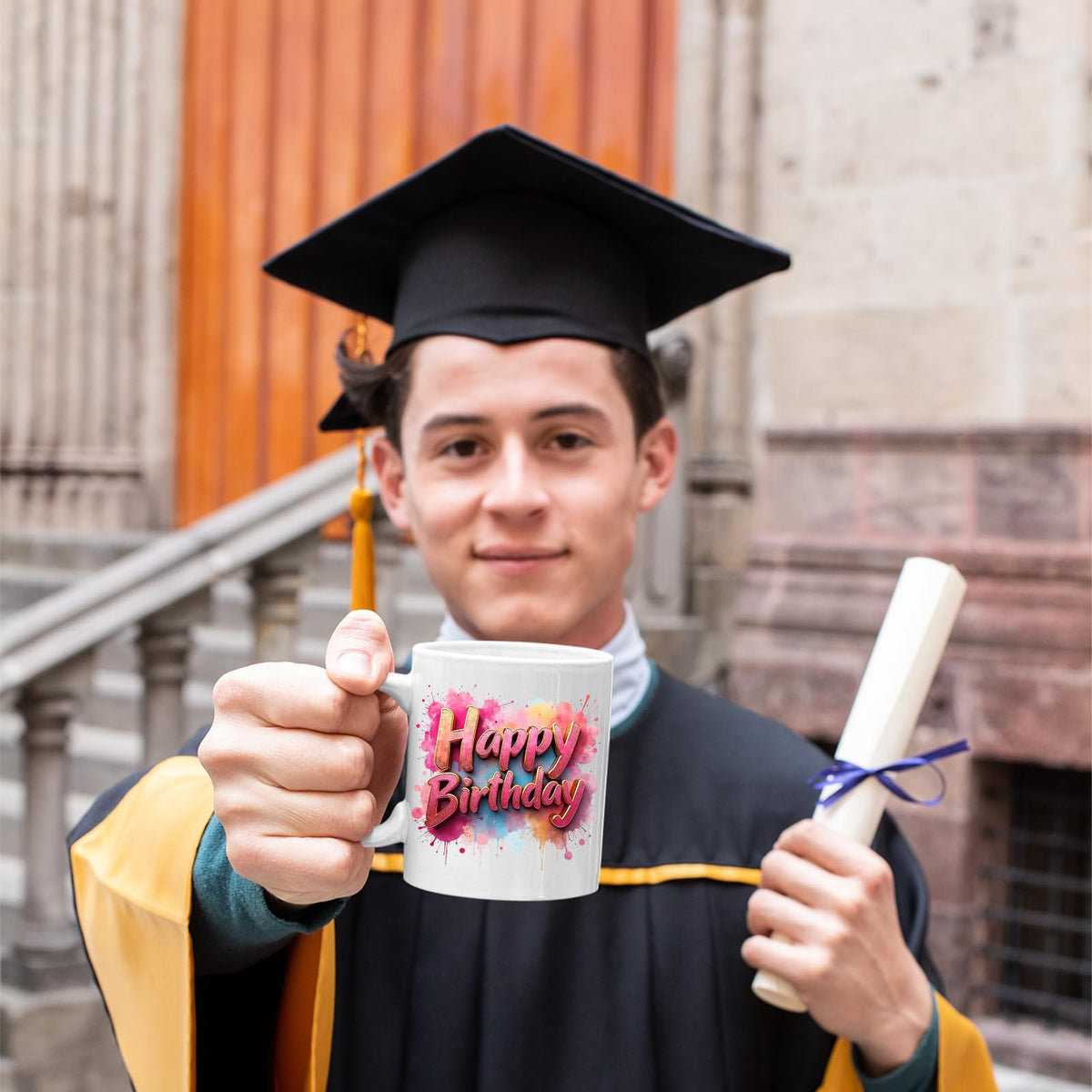 Graduate holding the Happy Birthday mug