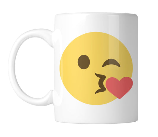 White mug with a big blowing-a-kiss emoji with a red heart, handle on the left
