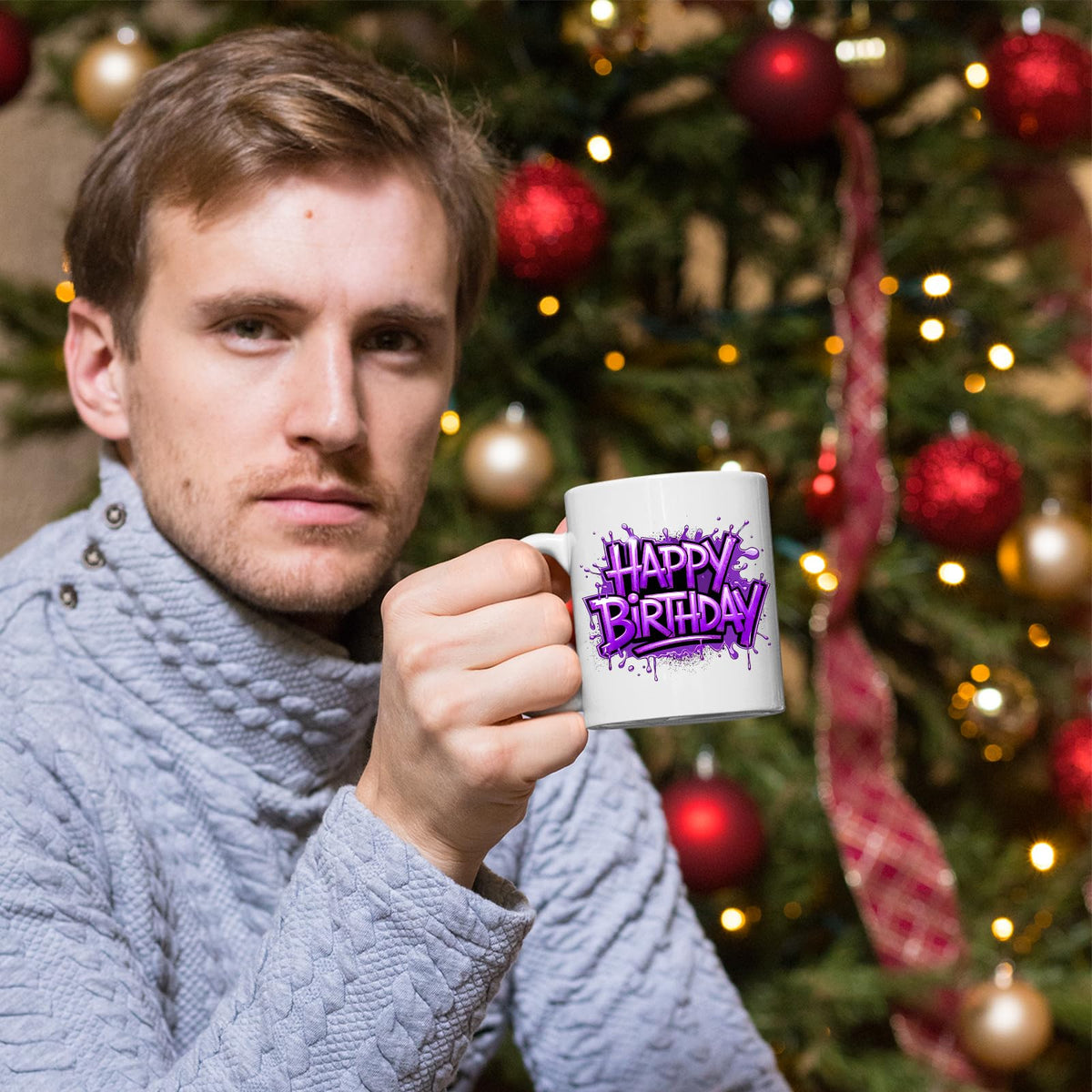 Man holding the Happy Birthday mug by a Christmas tree