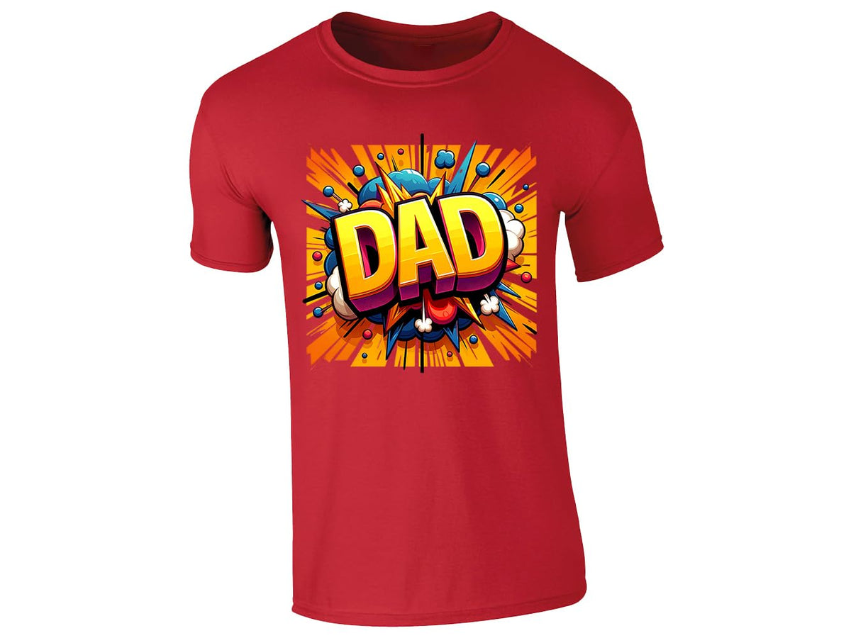Red men's T-shirt with “DAD” in bold yellow letters with a rainbow comic burst