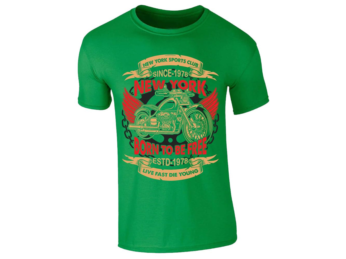 Irish green men's T-shirt with a vintage-style classic biker motorcycle badge