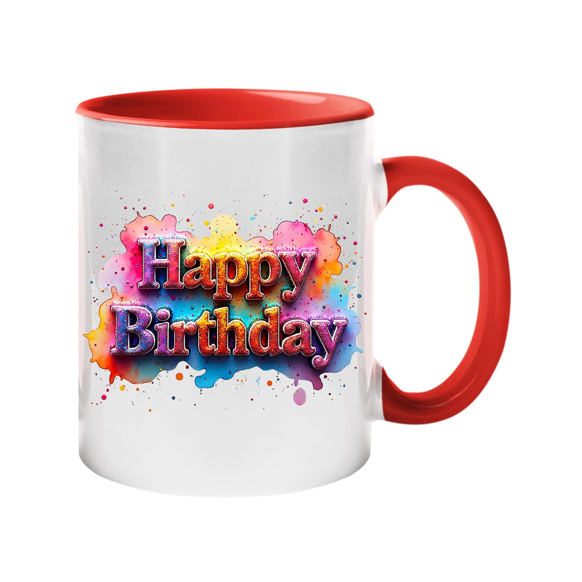 Colour handle mug with pastel graffiti “Happy Birthday” lettering – red handle and inside