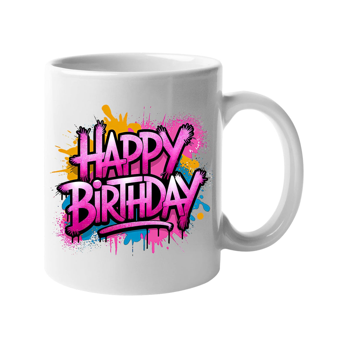 White 11oz mug with hot pink spray-paint “Happy Birthday” lettering