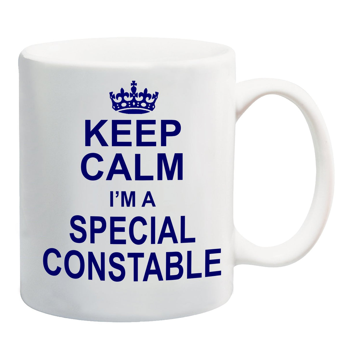 White mug with a blue crown and “Keep Calm I'm a Special Constable” in blue capitals