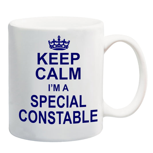 White mug with a blue crown and “Keep Calm I'm a Special Constable” in blue capitals