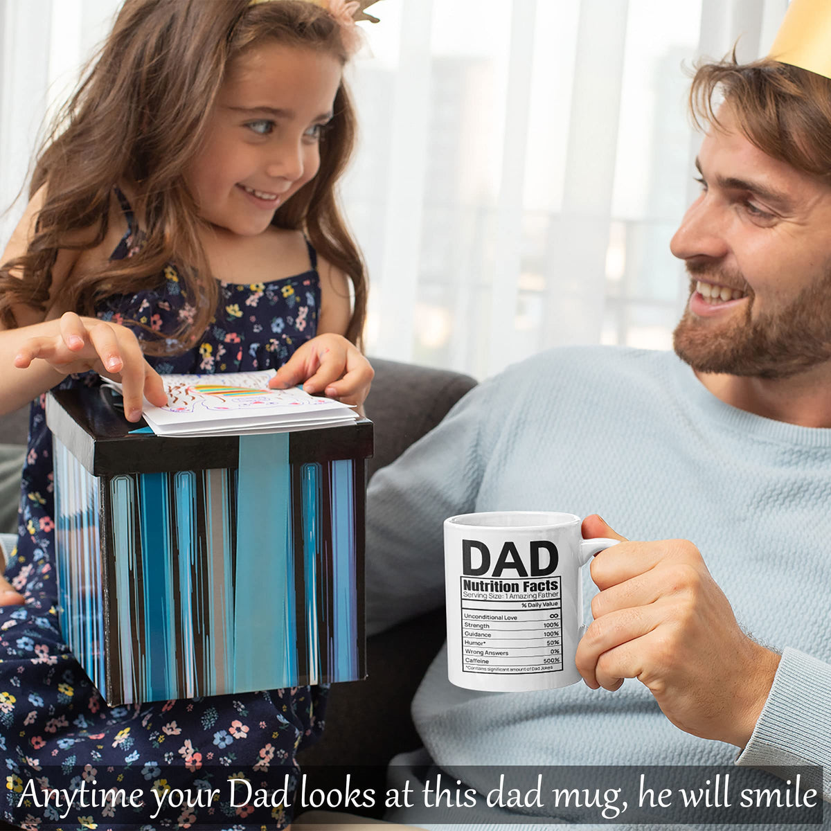 Child giving dad the Dad Nutrition Facts mug as a gift