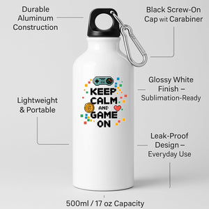 Keep Calm and Game On Water Bottle Gamer Hydration Bottle Controller Design Funny Gaming Gift for Him Her Reusable Sports Bottle for Nerds Geeks Console Retro Players