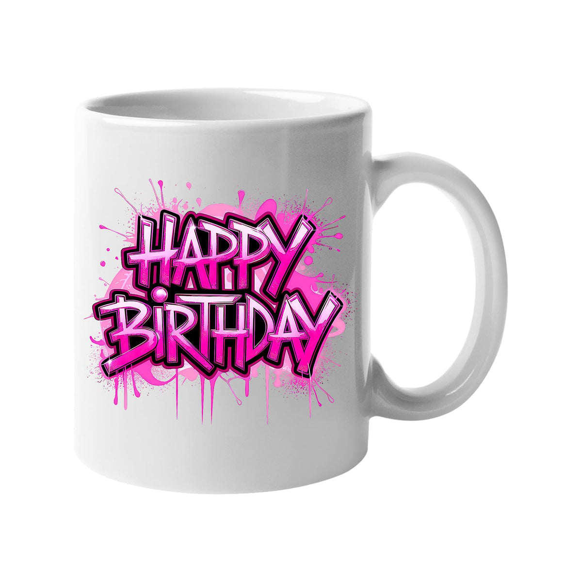 White 11oz mug with pink graffiti-style “Happy Birthday” lettering