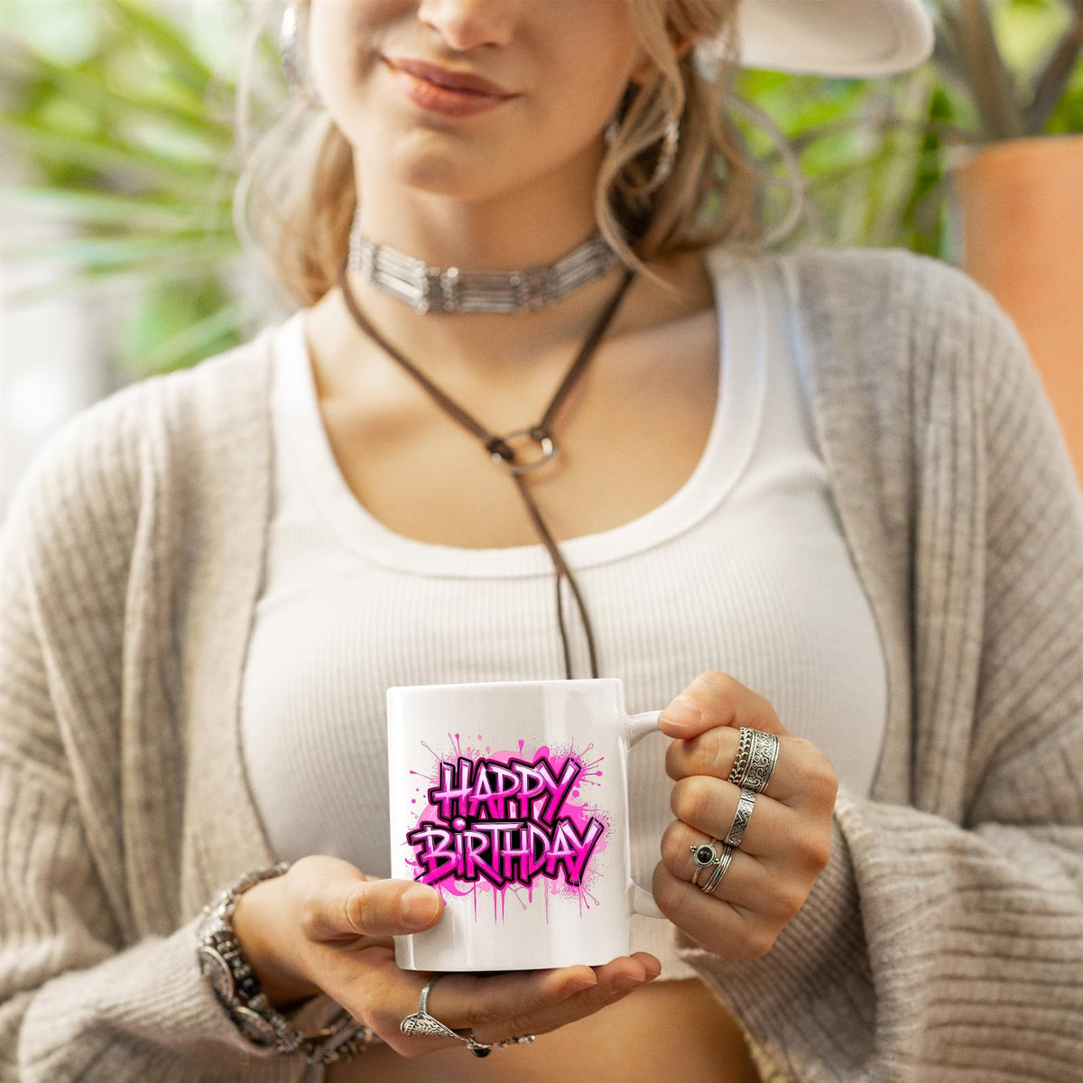 Woman holding the Happy Birthday mug