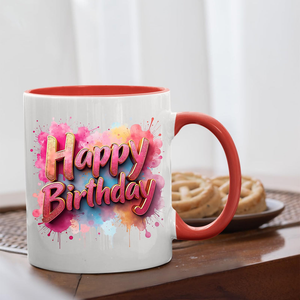 Happy Birthday Colour Mug – Splash Print Ceramic Cup for Dad, Mum, Kids & Friends