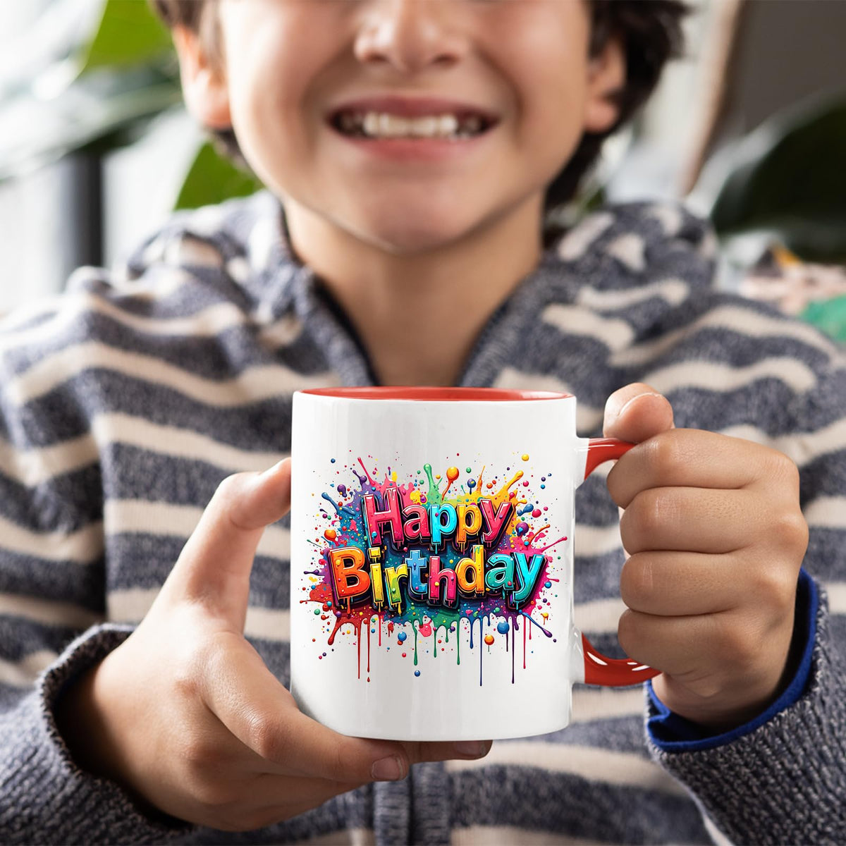 Smiling child holding the colour handle mug