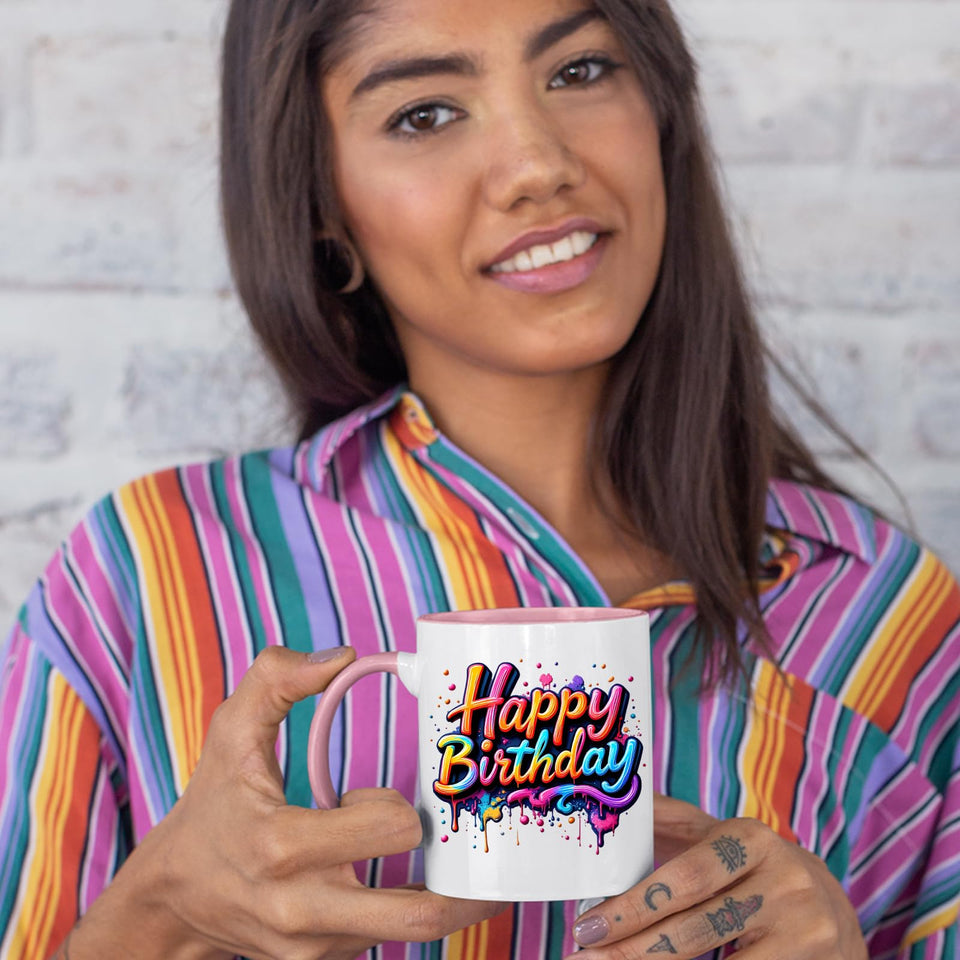 Happy Birthday Colour Mug – Vibrant Paint Drip Design Ceramic Cup for Men, Women & Kids