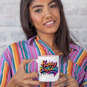 Happy Birthday Colour Mug – Vibrant Paint Drip Design Ceramic Cup for Men, Women & Kids