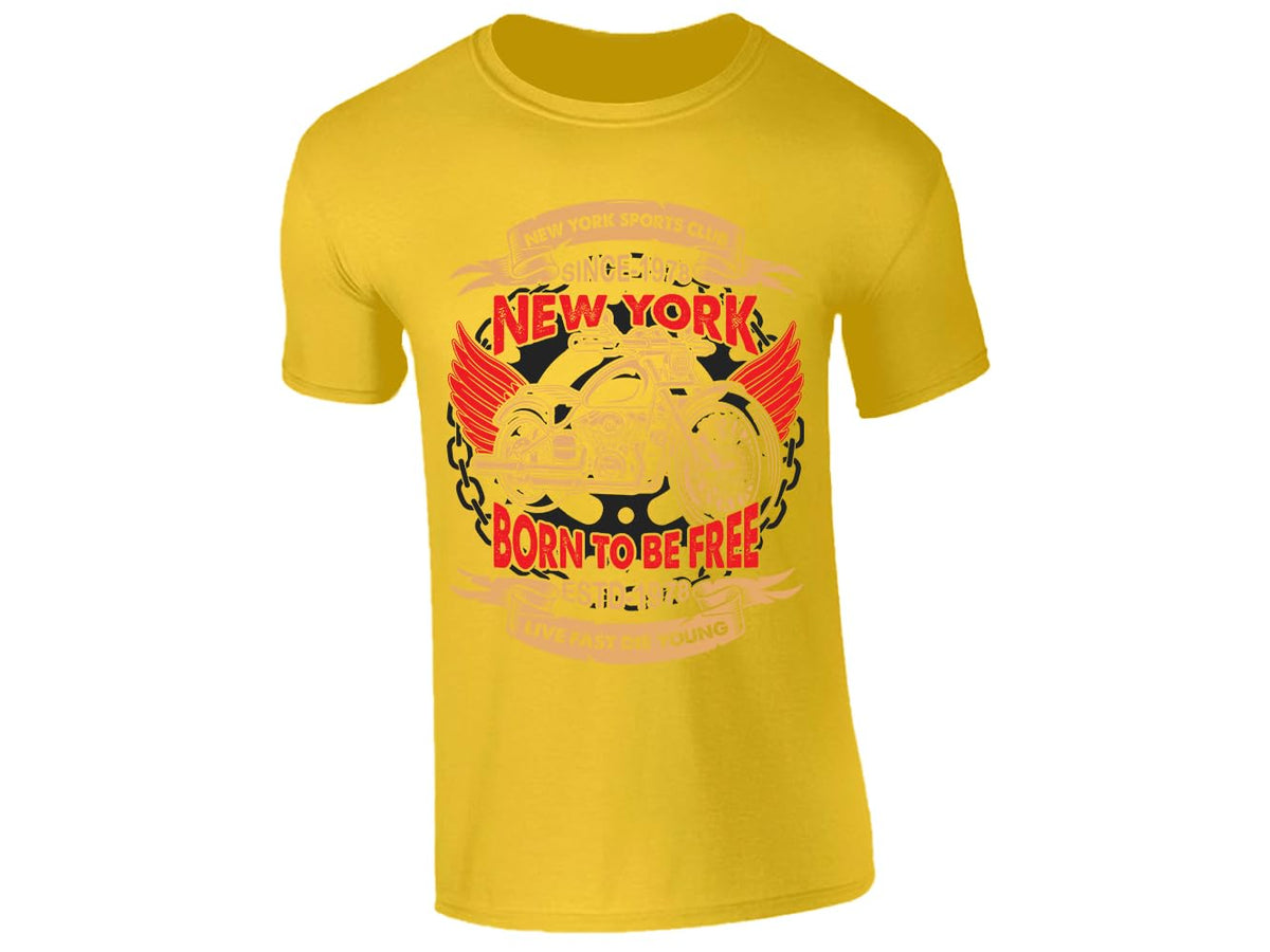 Yellow men's T-shirt with a vintage-style classic biker motorcycle badge