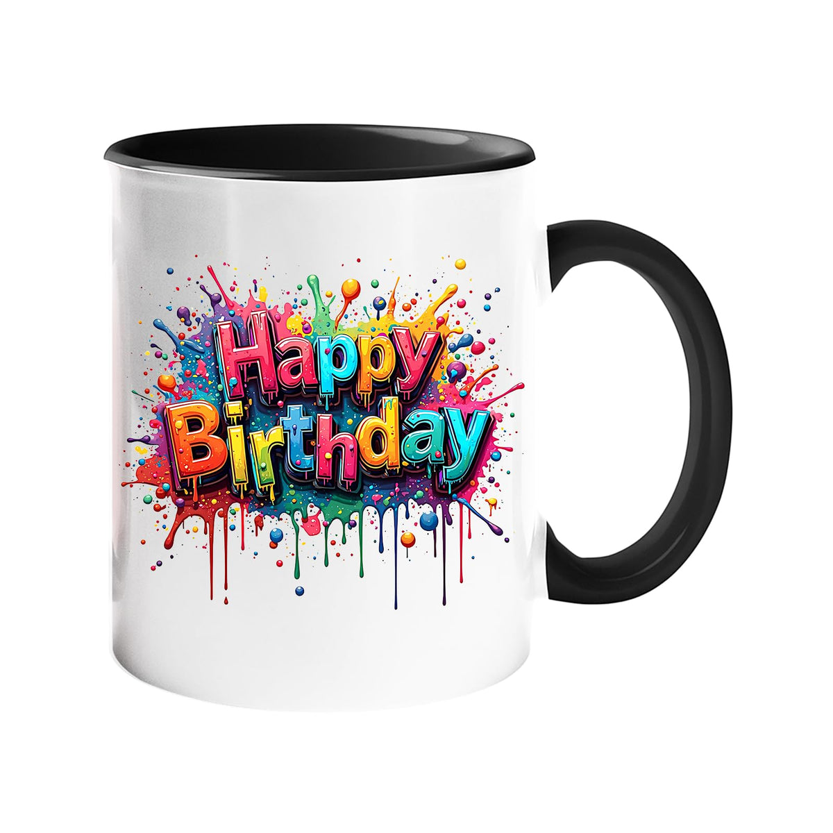 Colour handle mug with rainbow splash-script “Happy Birthday” lettering
