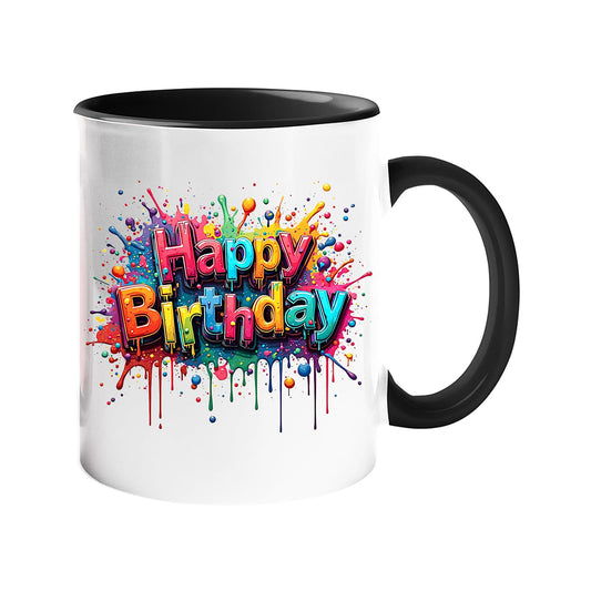 Colour handle mug with rainbow splash-script “Happy Birthday” lettering