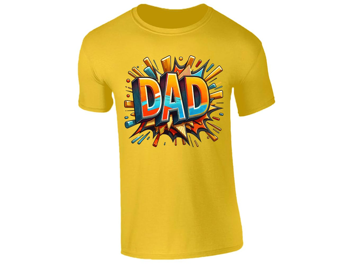 Yellow men's T-shirt with bold comic-book “DAD” lettering with a colourful explosion