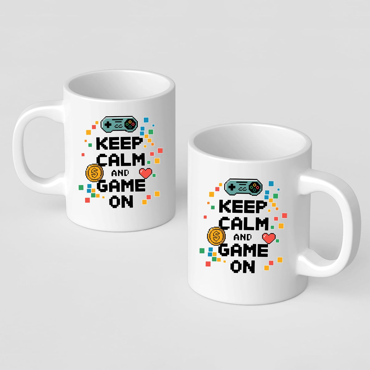 Two Keep Calm and Game On mugs showing the print on both sides