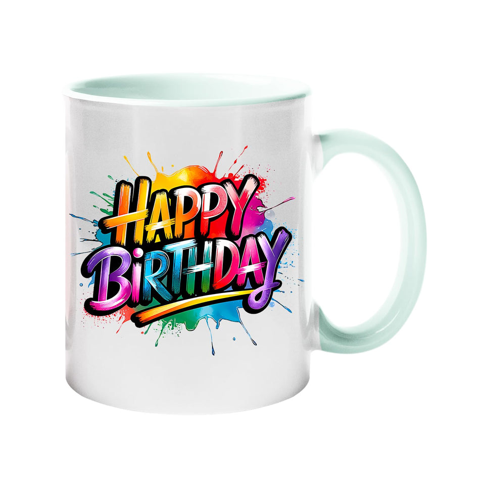 Colour handle mug with bold rainbow “Happy Birthday” lettering