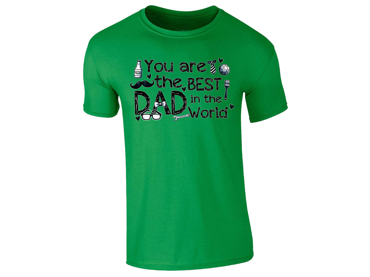 Irish green men's T-shirt with “You Are the Best Dad in the World” with playful icons