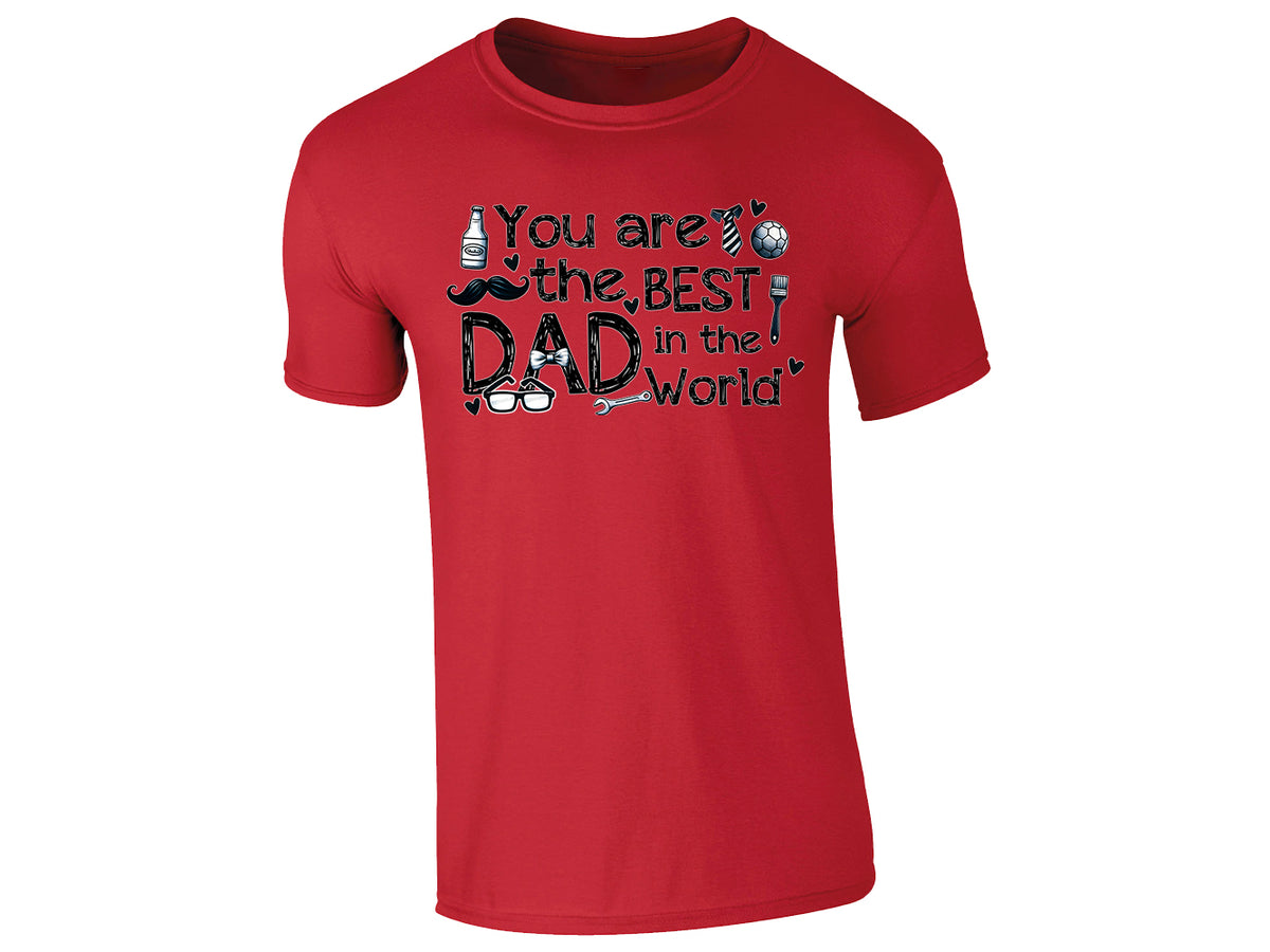 Red men's T-shirt with “You Are the Best Dad in the World” with playful icons