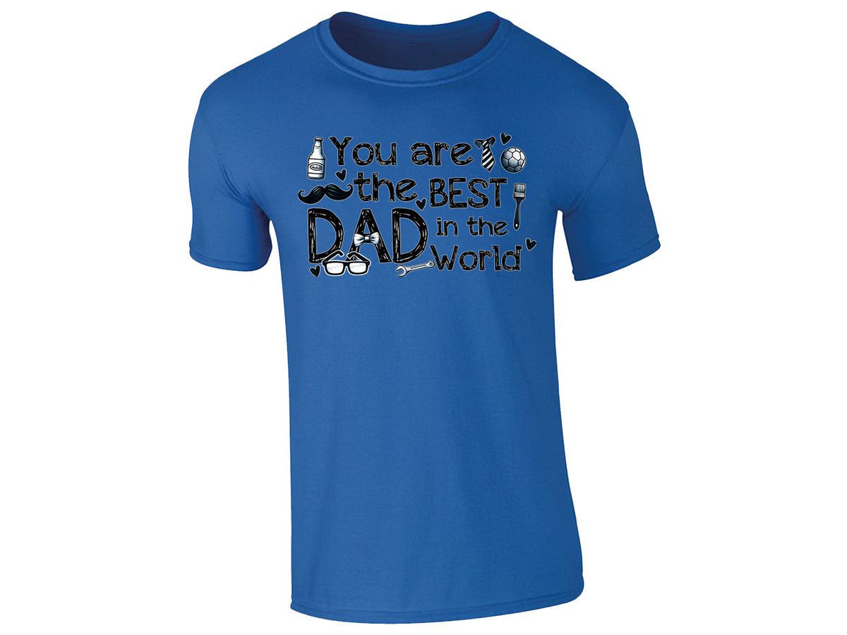 Royal blue men's T-shirt with “You Are the Best Dad in the World” with playful icons