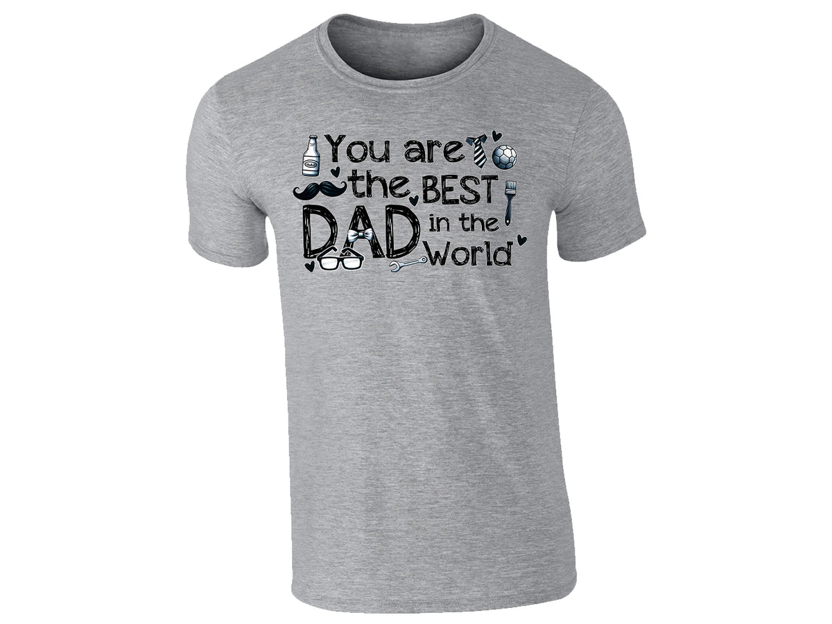 Heather grey men's T-shirt with “You Are the Best Dad in the World” with playful icons