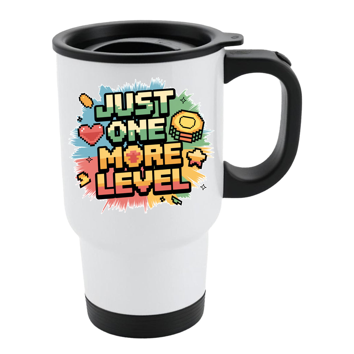 White travel mug with black lid and a retro “Just One More Level” design with a heart and star