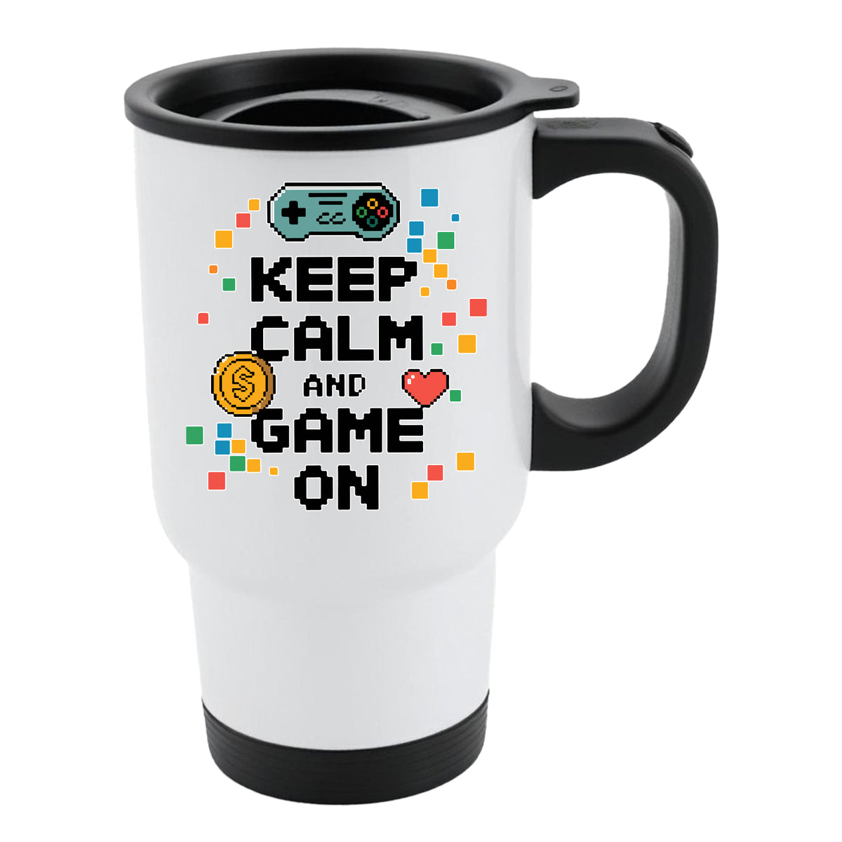 White travel mug with black lid and a “Keep Calm and Game On” design with a game controller