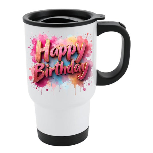 White travel mug with black lid and pink and purple watercolour “Happy Birthday” lettering