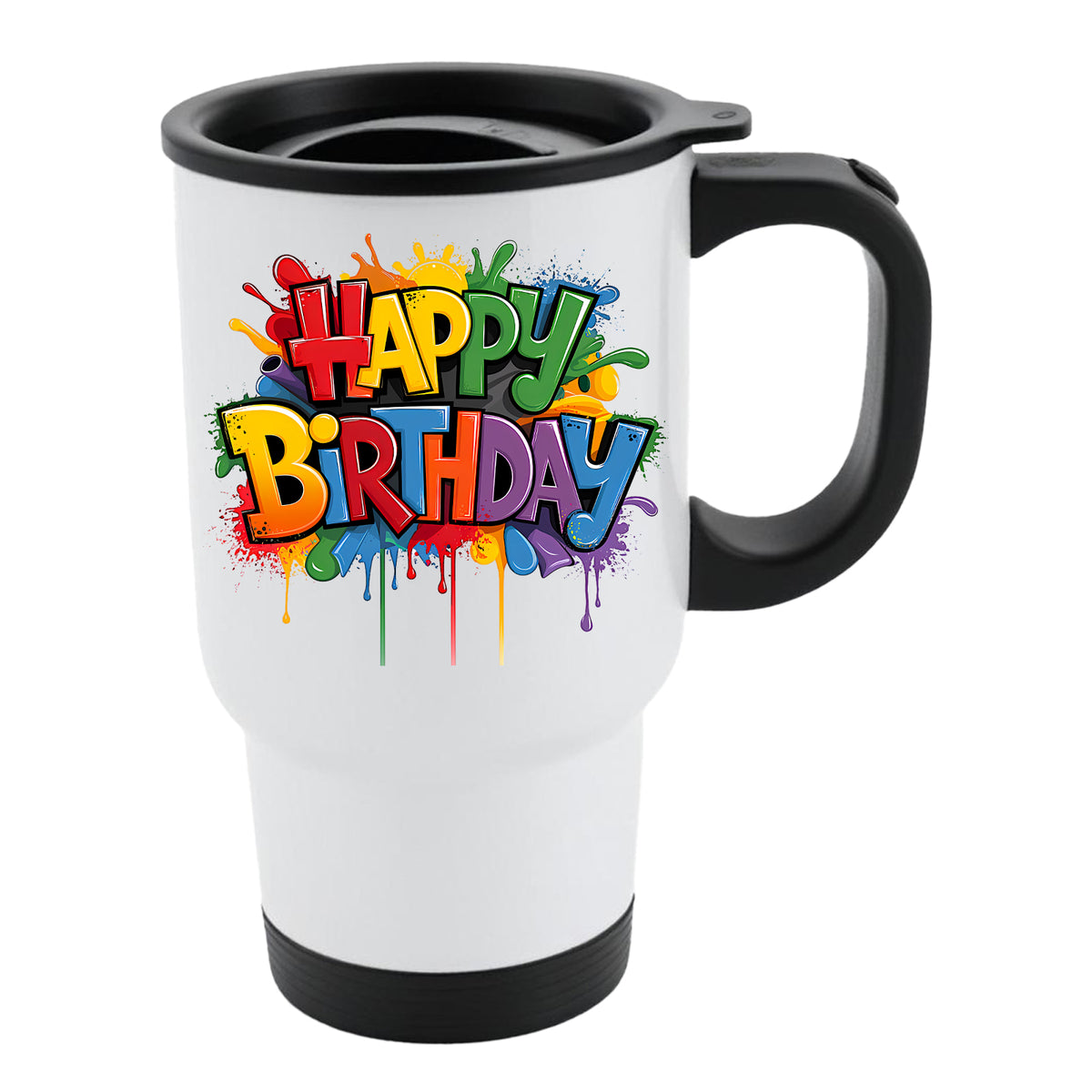 White travel mug with black lid and rainbow drip graffiti “Happy Birthday” lettering